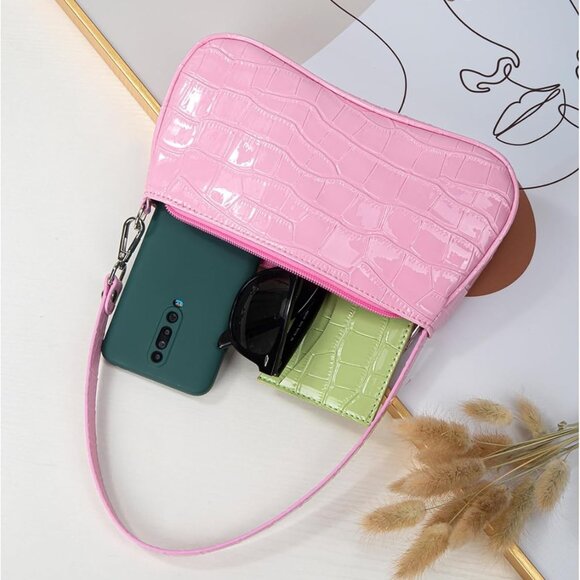 Pink Crocodile Print Zipper Closure Casual Women's Shoulder Bag with Top Handle, - Picture 4 of 5